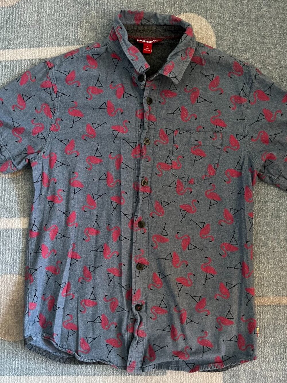 Men's Union Bay Button-Down Shirt Grey Pink Flamingo Print